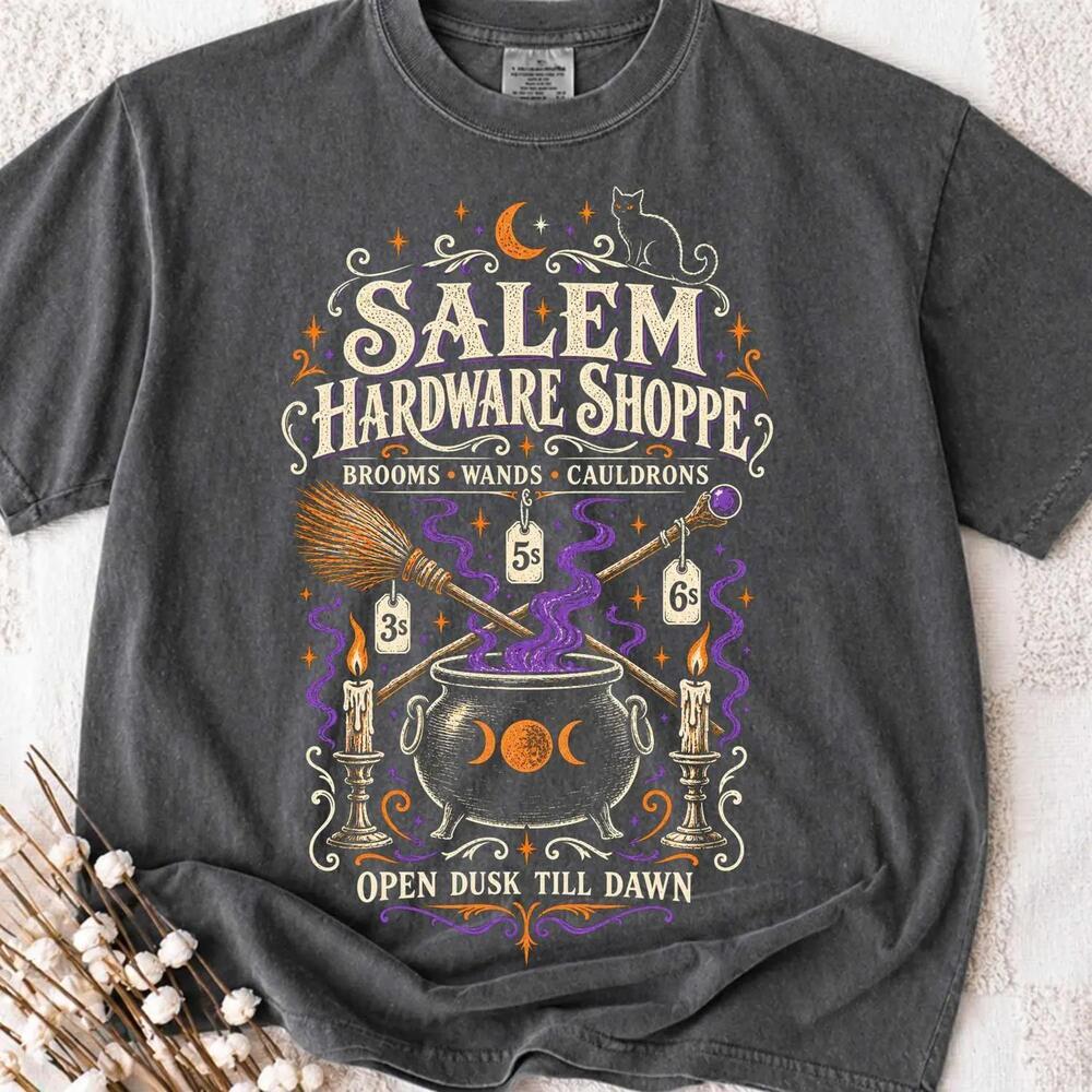 Salem Broomstick Hardware Shop Tshirt, Black Cat Witch T-Shirt, Witchy